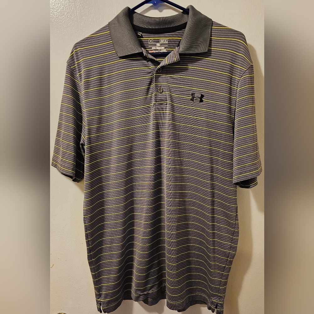 Under Armour Heat Gear Polo Black And Gray Striped Short Sleeve Shirt Size M